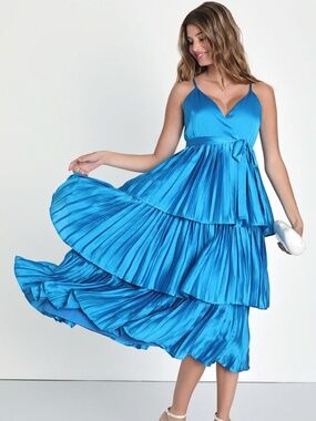 Lulus Celebrated Vibe Bright Blue Tiered Pleated Midi Dress